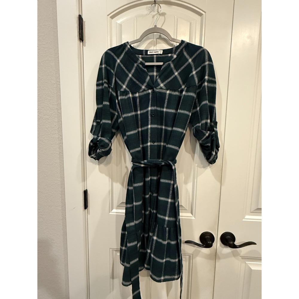 Grace Karin Green & Blue Plaid‎ Button Front Belted Dress Women's XL